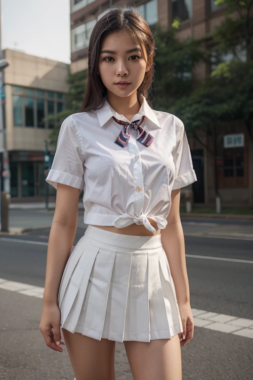 Lakeside park with sunlight shining through the trees, (school uniform, shirt, skirt),  japanese girl, , skinny body, flat chest, extremely cute face, extremely ultra detailed face, extremely ultra real skin, extremely ultra detailed eyes, extremely ultra surrealism, (masterpiece, best quality:1.2), octane rendering, (8k, uhd, ultra high res), (super realistic details), extremely intricate detail, super real texture, professional lighting, (realistic), (RAW photo:1.2), (photorealistic:1.5)