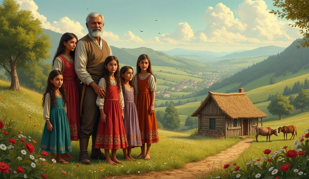 Let them have six daughters and a middle-aged father and a peasant. Let them not be modern people. A picture of 1 father and 6 daughters in a rural area in the style of turkish fairy tale visuals