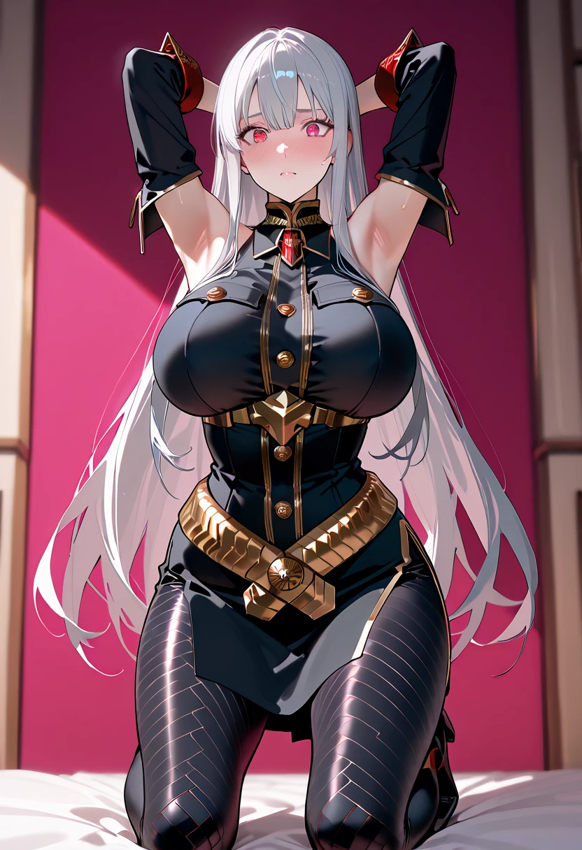 Obra maestra, 4k, La mejor calidad, Selvaria, bikini negro, Bikini de corbata lateral, Playa, Mar, sombrilla, sentada, Mirando al espectador, ojos rojos, cabello plateado, Pezones,  , rubor sexy, seductora chica de anime, Hermosa y seductora mujer de anime, Cuerpo perfecto sombreado realista, Arte detallado de alta calidad 8K, Photorealistic rendering of Anime Girl, Arte detallado del anime digital, Anime muy detallado, wlop piel brillante, [ Arte digital 4K ]!!, Fanart Mejor ArtStation, highly detailed character