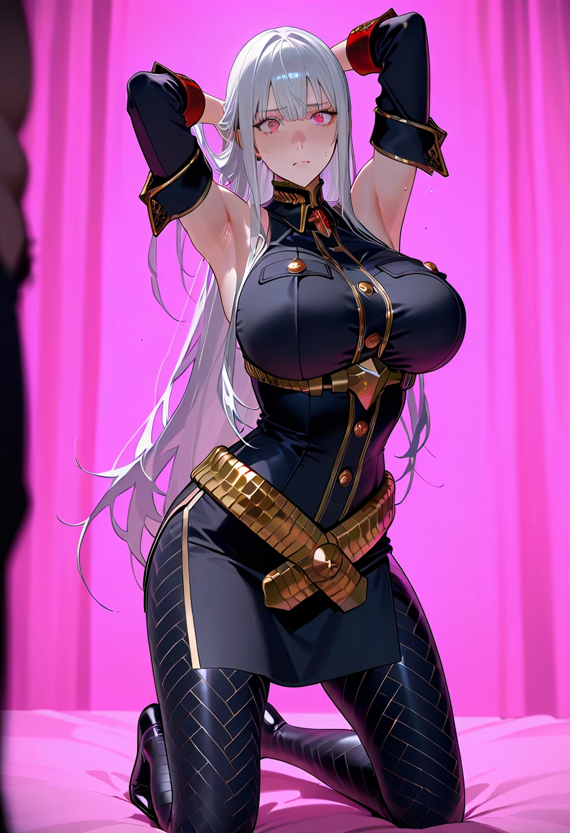 1girl, solo, facing viewer, looking at viewer,,evil smile, BERTIE,lightblue navel leotard,elbow gloves,thighhigh boots,Highly detailed CG Unity 8K wallpaper, perfect lightingofficial art,short pants,(beautiful_face:1.5),(narrow_waist),,Highly detailed CG Unity 8K wallpaper, perfect lighting, anime screencap, retro artstyle, anime coloring, traditional media,evil huge laugh,lipstick,black and dark aura backgroud,sadistic,shaded face,
