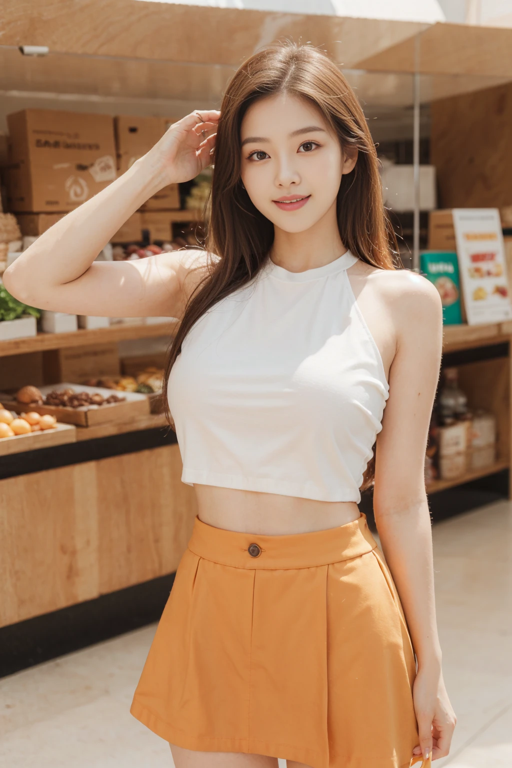 Japan girl with idol face、with round face、With bangs、a baby face、17 years old Part-time job、Cafe Restaurant、NSFW、爆乳、Ultramammy、teats、 piece sign、ハンドジョブ、Micro Panties、((Uniform that emphasizes breasts:1.5))、(Orange Mini Apron)、(Orange high-waisted miniskirt)、(((Orange Underbust Shirt)))、(White shirt)、Short ponytail、bangss、M-shaped legs、masterpiece、top-quality、ighly detailed、Front view、Lie down、waitresses、Sales Smile、Micro shorts、bottom less、The skirt fits the body、Food Carrying Pose、(((Panchira:1.2)))、hand job、areola is visible、pubic hair sticks out、Dynamic Poses、(emphasis on the buttocks:1.5)、(Look:1.2)、(crouching down:1.2), NSFW grin