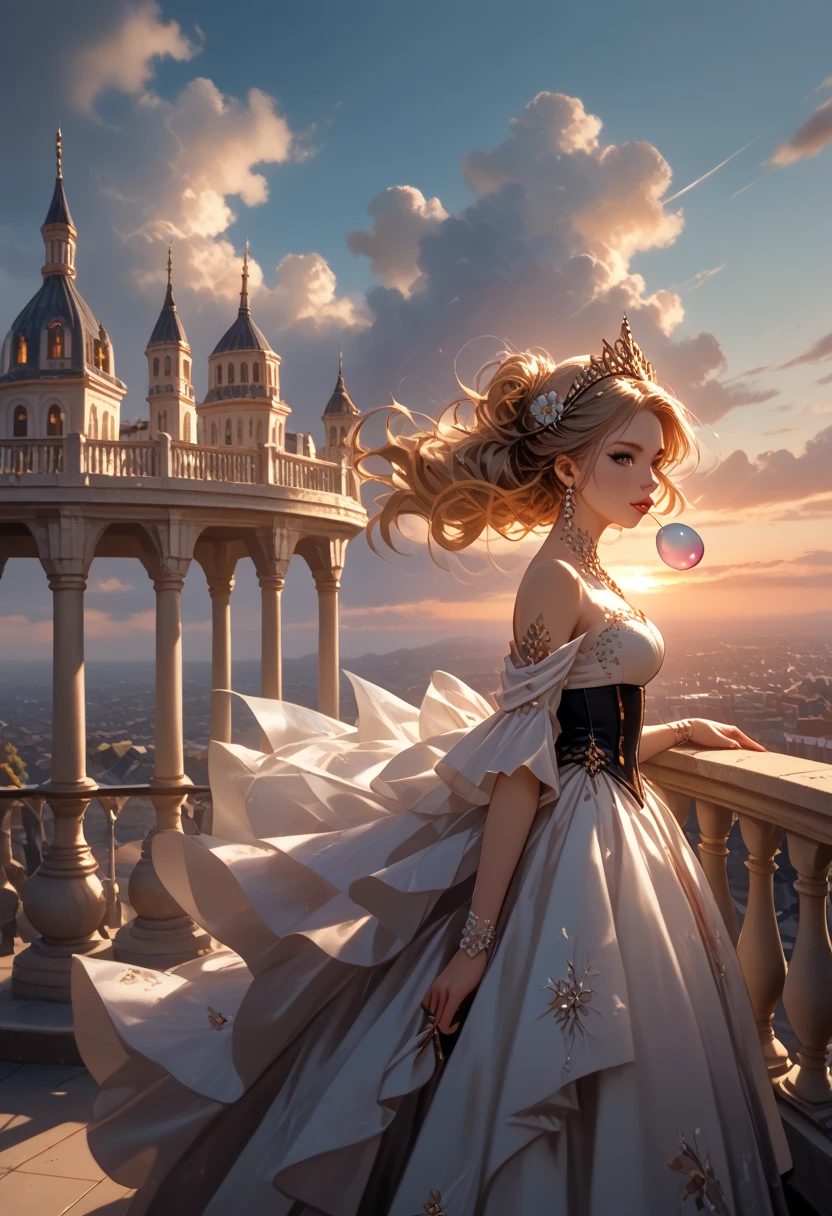 28 years old, Girl 1, Bright and Sexy, standing on the balcony, beautiful view, blowing bubbles, sunset, clear detail, dynamic shadows, masterpiece, It's getting dark, Very Juicy Colors, 8 K, Maximum Resolution, score_9,score_8_up,score_7_up,masterpiece,best quality,perfect anatomy,very aesthetic,official art,8k