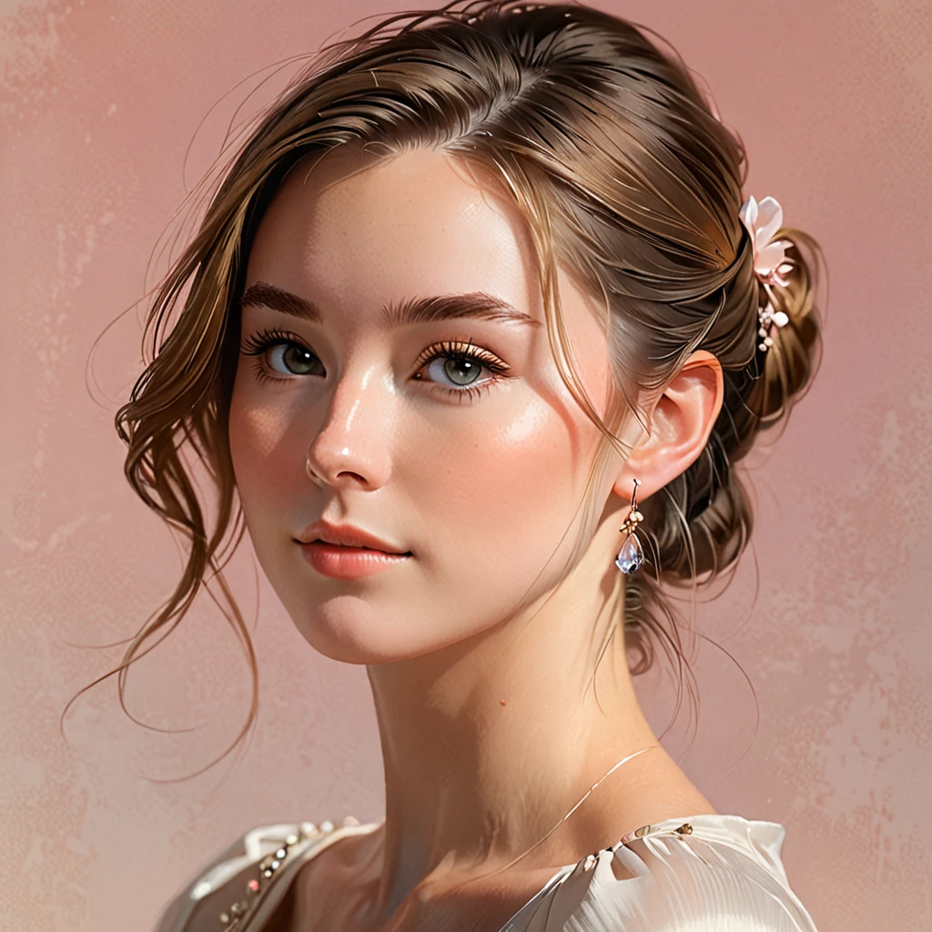 "A side profile portrait of a cute and graceful young woman with fair, glowing skin, a soft and elegant jawline, and a slightly rounded, gently pointed chin. She has a naturally straight nose, thin lips with a soft pink tint, and long, curved eyelashes. Her visible eye is almond-shaped, expressive, and serene, with a neatly shaped brow arched slightly above. Her ear is small and natural, with a delicate stud earring. Her hair is tied back in a stylish low bun with a few soft strands falling loosely at the front, adding a gentle charm. The lighting is warm and cinematic, casting soft shadows along her cheek and highlighting her natural features. The artwork style blends the realism and painterly aesthetics of Pascal Blanche, Rutkowski, and Repin — emphasizing soft, lifelike beauty, grace, and emotional subtlety."