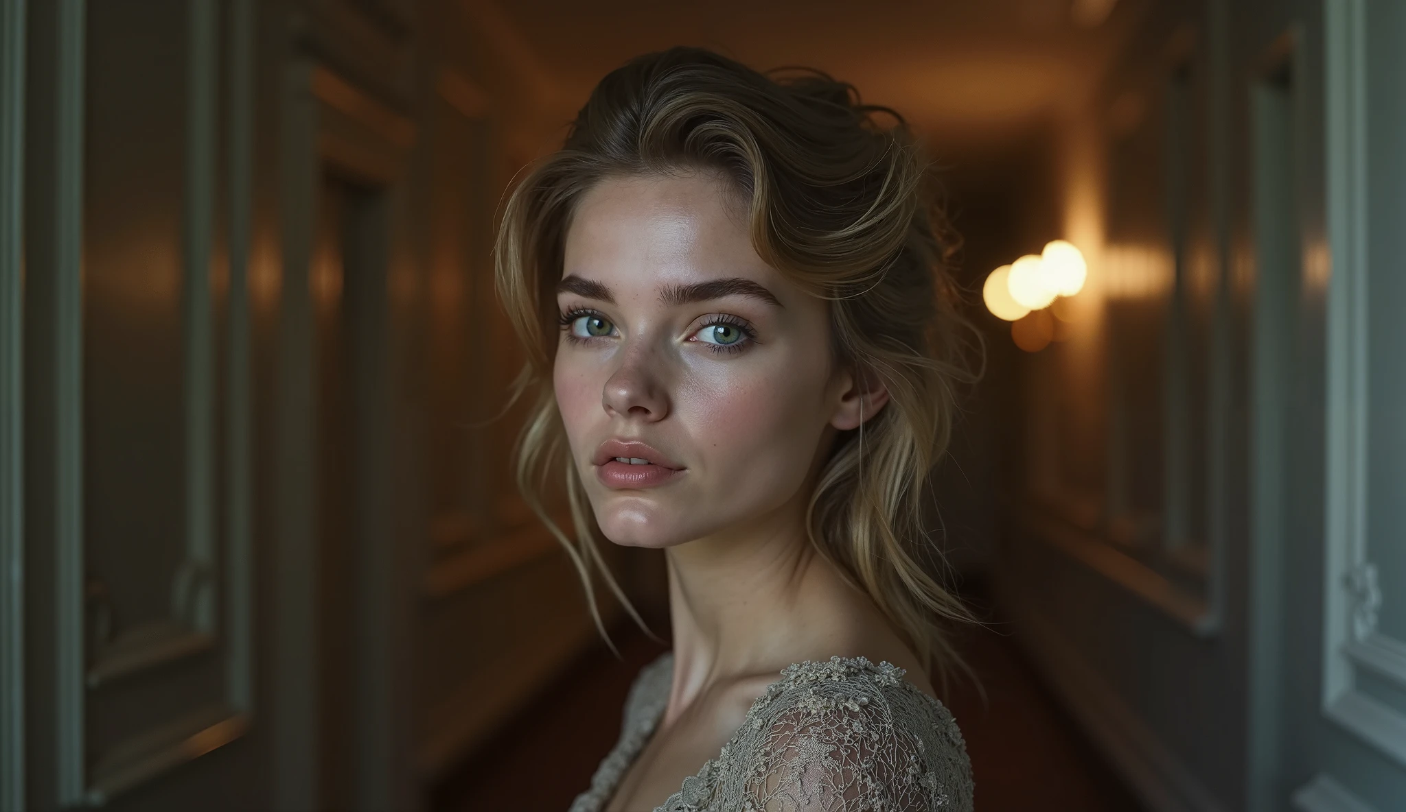 Realistic photo, beautiful Russian girl, hallway in the background
