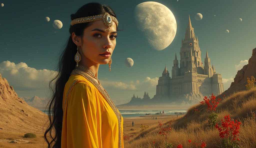 A beautiful oriental woman in a traditional Middle Eastern yellow outfit, looking full face. on Earth's moon. Futuristic spaceship in the background. Stunning landscape. dramatic lighting. In the distance - ancient, beautifully designed alien structures of a long-gone civilization. Dense fantastic vegetation.  flowers. sea. cinematic composition, rich colors, The mystical and emotional atmosphere. Inspired by Greek music, male vocals, with drama and passion.