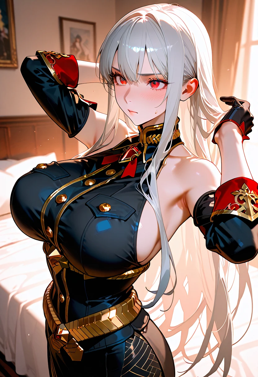 nsfw:1.2,(masterpiece:1.2、Highest quality、Tmasterpiece)、1 female、alone、classroom、Day、stand、blonde、ponytail、Red eyes、(radio control:1.4)、(Dark Skin:1.4)、Big Breasts:1.5、(Place your hands behind your head:1.2)、corset、Hoop Earrings、lipstick、I'm sweating a lot、Ring Choker、Scrunchie、blush、Covered breasts、Bangs braids、(Thick lips:1.2)