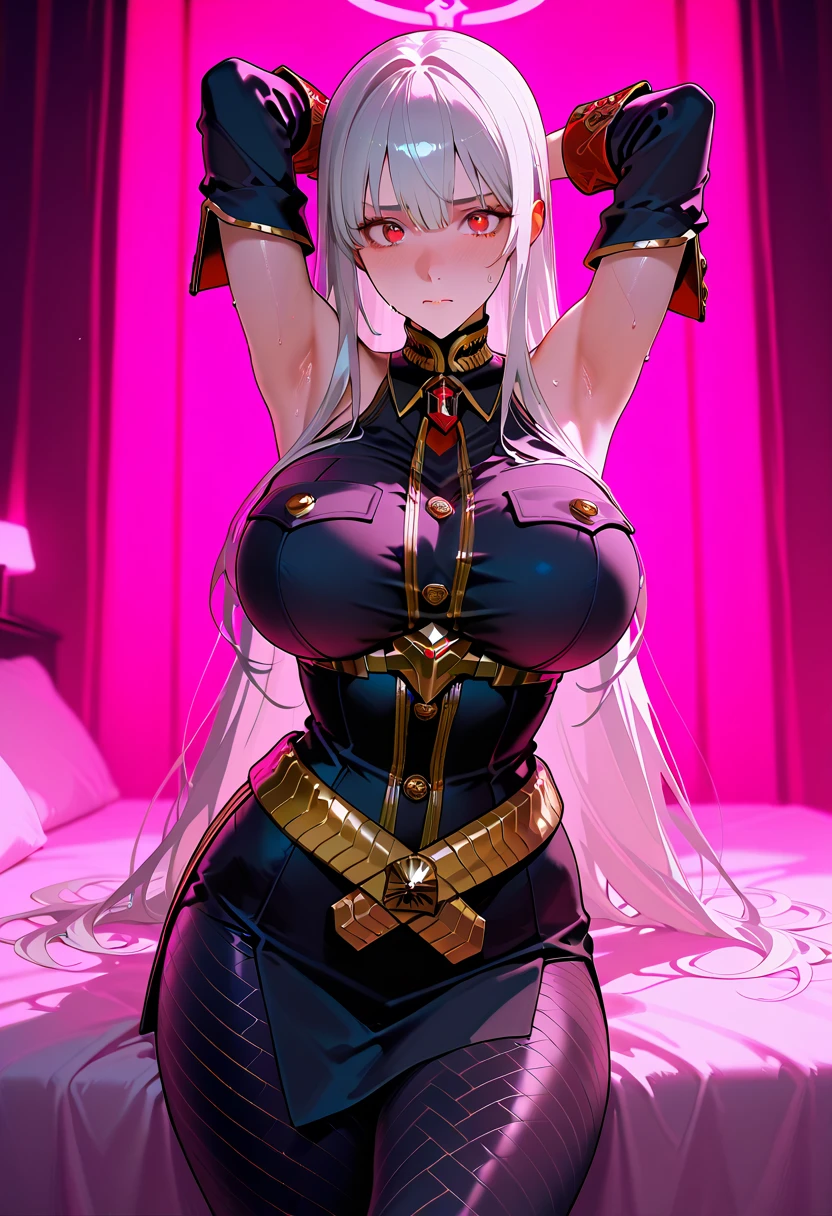 upper body, 1woman, white hair, Long Haired, purple eyes, (sister), sister, big breats, wallpaper, holy light background, light particles, hands behind the back, (masterpiece), best quality, cleavage