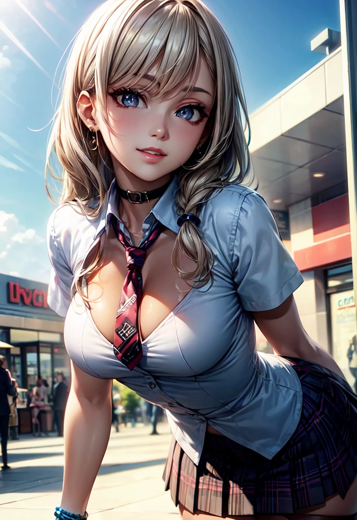 1girl, solo, summer, village, trees, sun, clouds, ((colorful hair)), disheveled hair, ponytail, large breasts, button down, green eyes, ((floral pattern shirt)), ((unbuttoned shirt)), ((short sleeved shirt)), flowers on shirt, skirt, brown shoes, grin, looking at the viewer, standing, hair ribbon