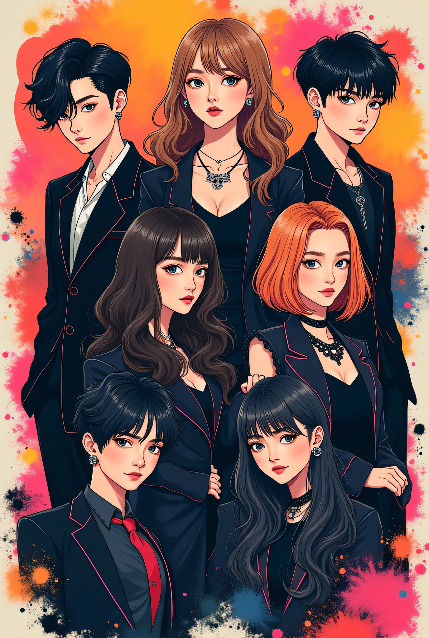 Create a pop group poster of three boys and three girls with the name Black White