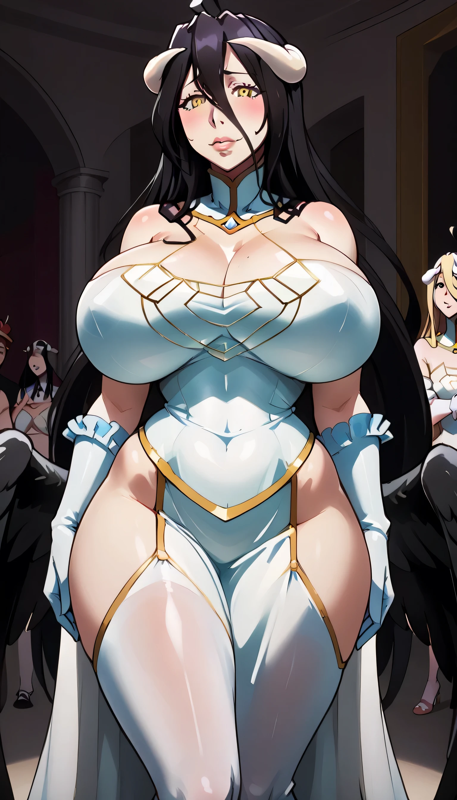 multiple girls, group picture, 5girls, standing, (looking at viewer), (golden), jewelry, crown, smile, gorgeous, splendid, luxurious, aristocrat, noble, arrogant, goddess, queen, motherhood, embroidery, white satin dress and gloves and cape, gleaming skin, gigantic breast, nagatiti, deep cleavage, best quality, high resolution, all intricate, mature women