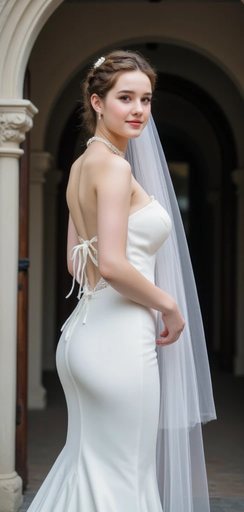 wedding dress, lace wedding dress , royal wedding dress, full body, wedding veil,<lora:ButtCrack:1>, arab woman, arab model, from behind, busty, 20 years old, 20yo, standing in a garden , hijab, full lips, milf, (pail skin:1.2) , long dress, wedding, natural face skin, natural skin, lips filler, botox, long eyelashes, bubble butt ,RAW photo, subject, 8k uhd, dslr, soft lighting, high quality, film grain, Fujifilm XT3, <lora:BimbolipsV4:0.2>, big lip , buttcrack, side boob, <lora:more_details:0.5>, BigNaturalBreasts, wearing luxury dress, bokeh, mole on ass