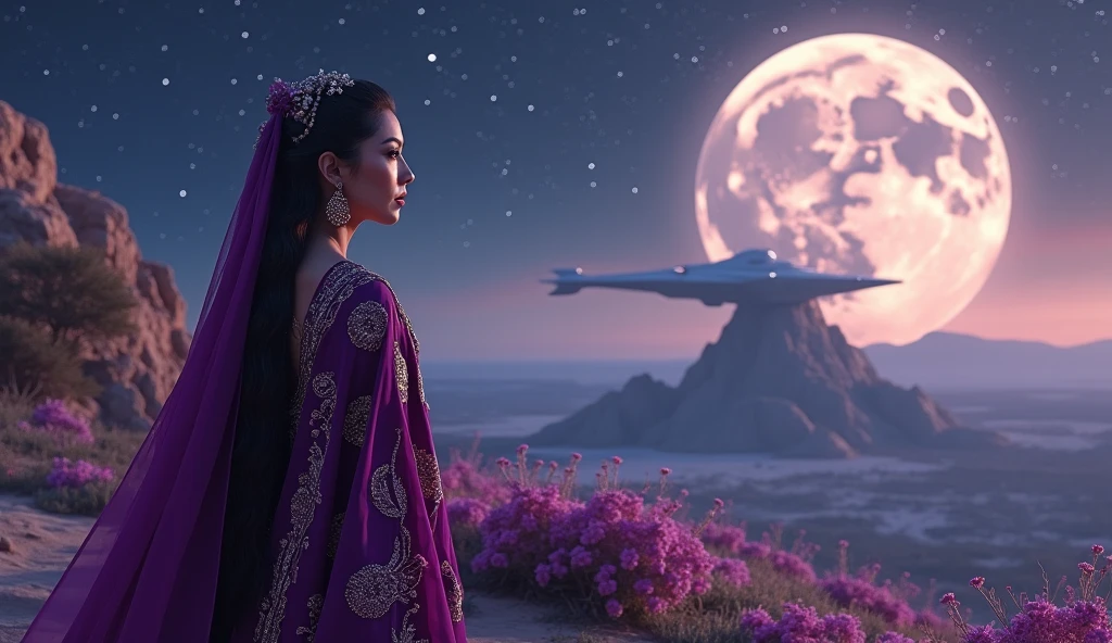 A beautiful oriental woman in a traditional Middle Eastern purple outfit, looking full face. on Earth's moon. Futuristic spaceship in the background. Stunning landscape. dramatic lighting. In the distance - ancient, beautifully designed alien structures of a long-gone civilization. Dense fantastic vegetation.  flowers. sea. cinematic composition, rich colors, The mystical and emotional atmosphere. Inspired by Greek music, male vocals, with drama and passion.