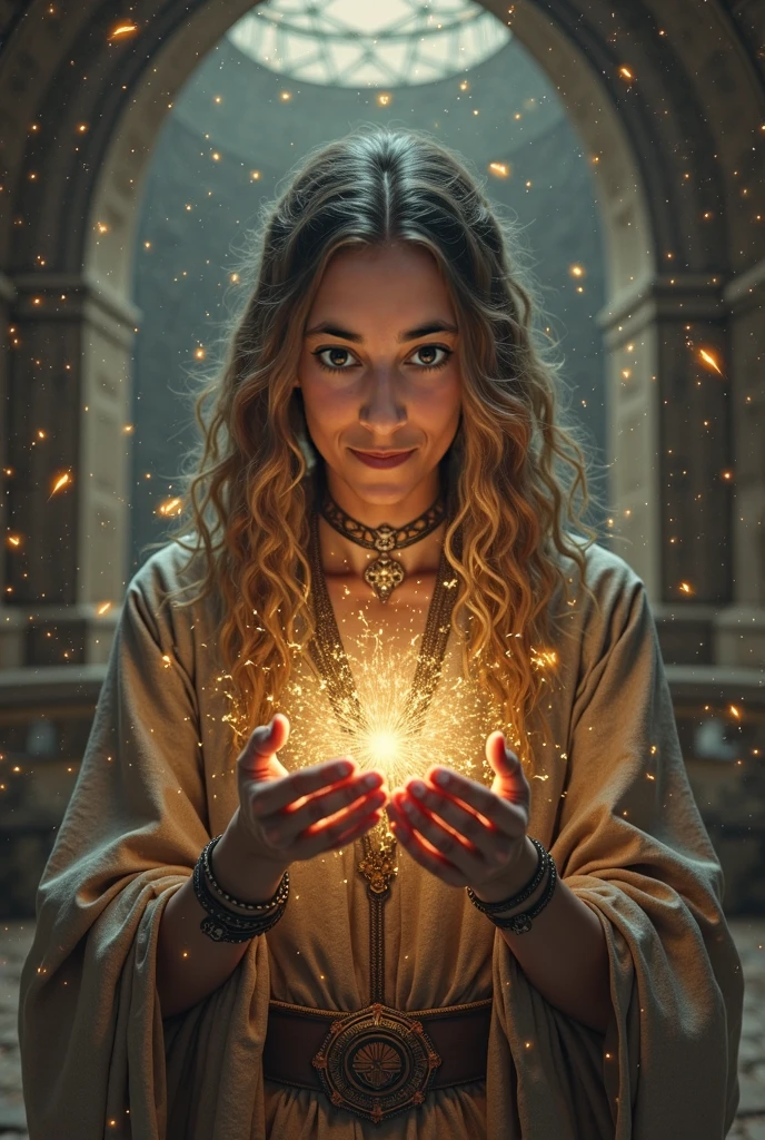 Sorceress woman with long dreadlocks, A power emanates from his hands