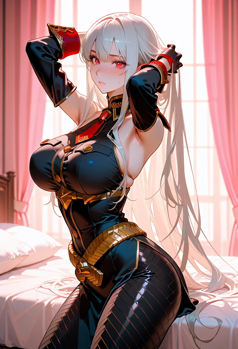 a beauty girl,cleavage,Long legs,Black over-the-knee stockings,Wear coolly,absurderes,Huge breasts,Lie down in bed,tmasterpiece,Eyes are confused,Southern Hemisphere
