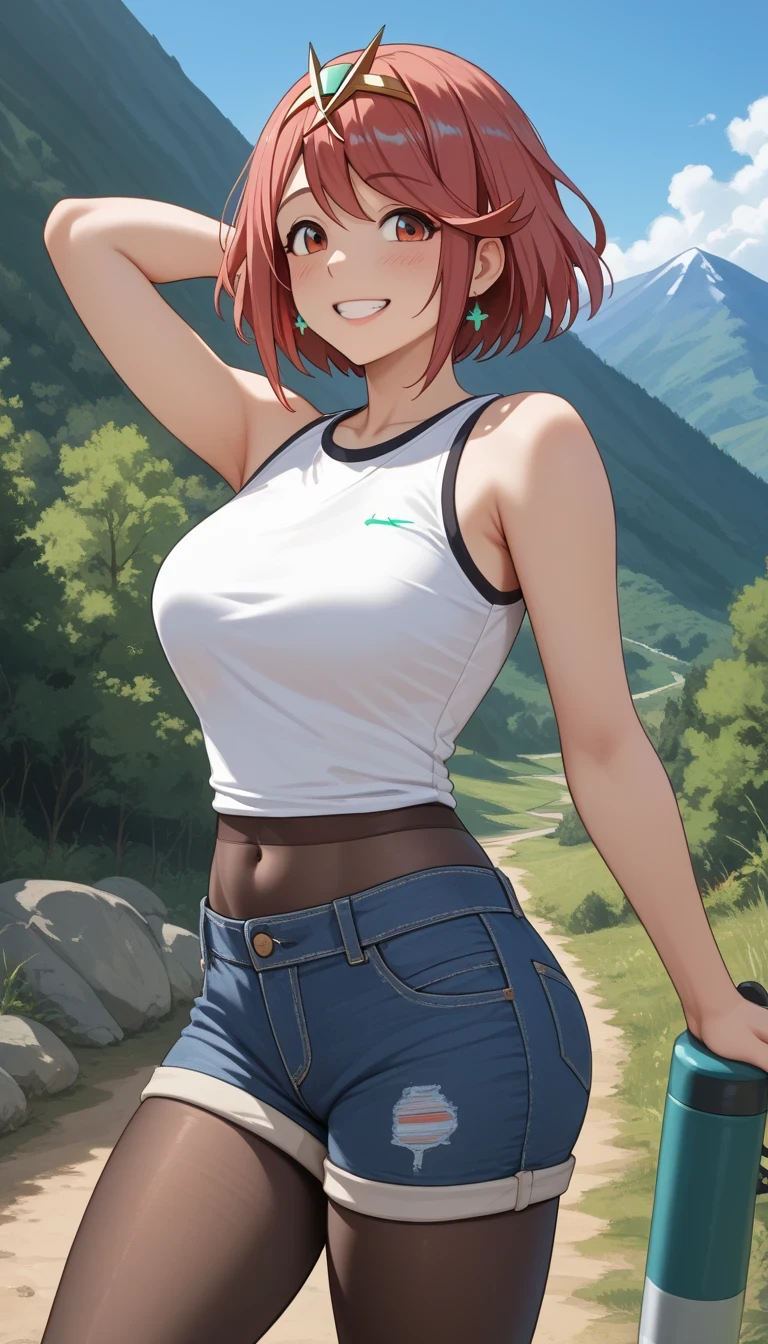 score_9, score_8_up, score_7_up, source_anime top quality、8k、 masterpiece、super high accuracy、 natural light、perfect anatomy、 one woman、medium chest、saggy breasts:1.5、pyra、(is embarrassing:1.2、happy)、tight sleeveless shirt for hiking、denim shorts、pantyhose、(mountainous region、 Hiking Trails )、ハイキングをする