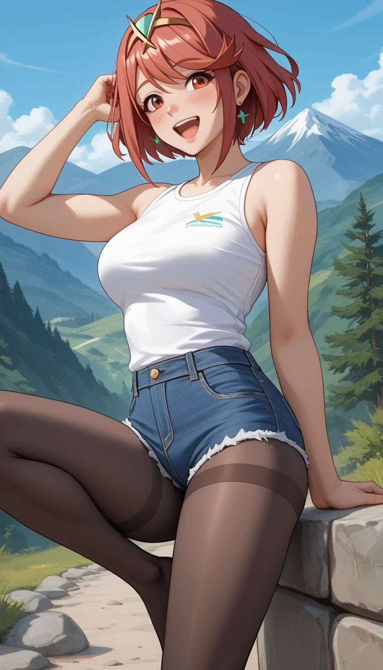score_9, score_8_up, score_7_up, source_anime top quality、8k、 masterpiece、super high accuracy、 natural light、perfect anatomy、 one woman、medium chest、saggy breasts:1.5、pyra、(is embarrassing:1.2、happy)、tight sleeveless shirt、denim shorts、pantyhose、(mountainous region、 Hiking Trails )、raise one leg