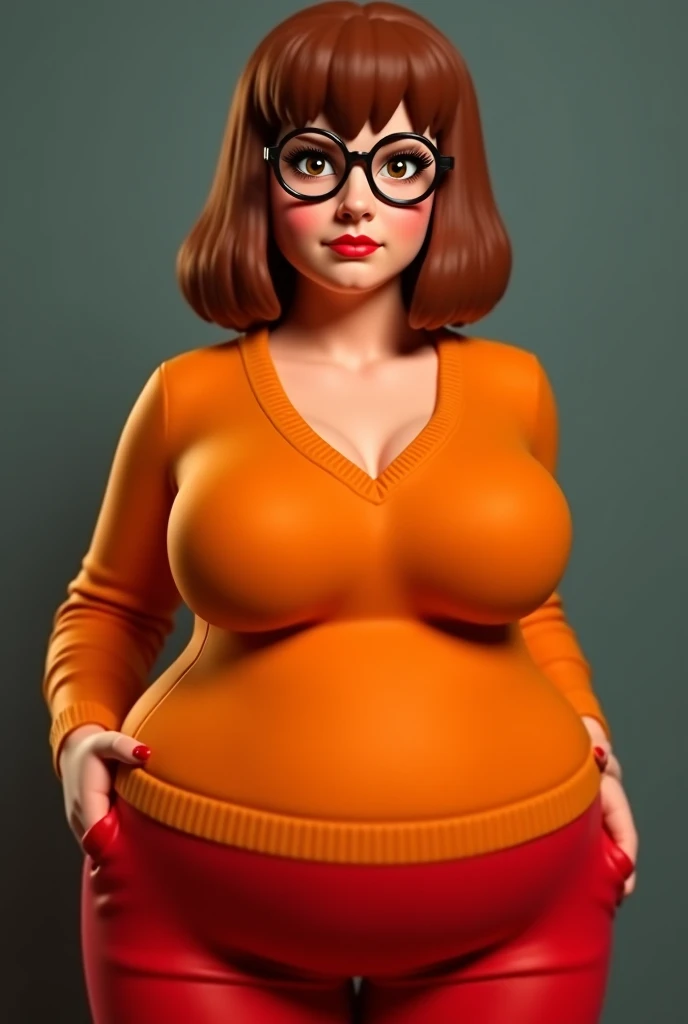 ((masterpiece)), ((photorealistic)), ((8k wallpaper)) , ((best quality)), ((perfect quality)), solo, (detailed eyes), (solo), girl, Tracer, short hair, brown hair, pose : ( shy pose, arm on belly), very beautiful, face : ( very beautiful face, (orange glasses), plump face, plump cheeks, round face, (perfect face), (makeup), big eyes, 20 years old, cute face, young ) , figure: ( very full body, (thicc), (very curvy), very soft, (huge breasts), (sexy curves), sexy, (a bit chubby), (a bit chubby belly), (belly bulge), love handles, (wide waist), big deep navel, muffin top, fat thighs, thunder thighs) , clothes : (tight orange lingerie, tight orange tights)