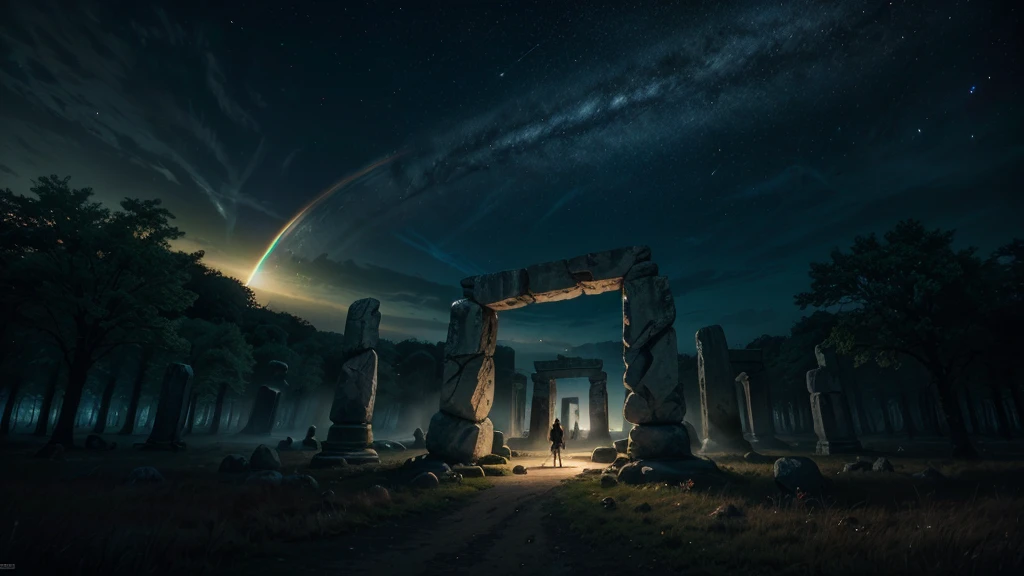 A hyper-realistic, cinematic daytime scene of Stonehenge acting as a magical portal. The ancient stones glow with arcane symbols, and a swirling vortex of light and cosmic energy pulses between them. Surrounding the monument are lush, green trees swaying gently in the breeze under a bright blue sky. A massive alien spaceship hovers silently above the structure, casting subtle shadows and glowing with mysterious lights. Several large, colorful planets are visible in the sky — some with rings, others glowing faintly. A vivid rainbow stretches across the sky, adding a magical touch. Sunlight floods the scene, highlighting the vibrant colors of nature, the stones, and the portal's energy. Ultra-detailed, vibrant colors, 8K resolution, realistic lighting and textures, a fusion of fantasy and sci-fi in broad daylight, majestic and full of wonder.
