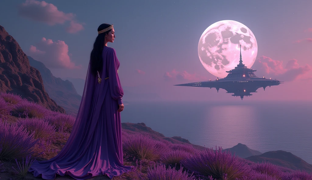 A beautiful oriental woman in a traditional Middle Eastern purple outfit, looking full face. on Earth's moon. Futuristic spaceship in the background. Stunning landscape. dramatic lighting. In the distance - ancient, beautifully designed alien structures of a long-gone civilization. Dense fantastic vegetation.  flowers. sea. cinematic composition, rich colors, The mystical and emotional atmosphere. Inspired by Greek music, male vocals, with drama and passion.
