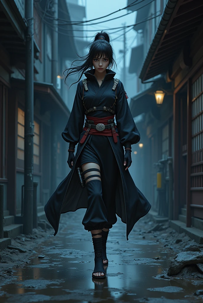 Have this girl from the Naruto universe wear this outfit and walk down an alley at night in the same manga style as Naruto 