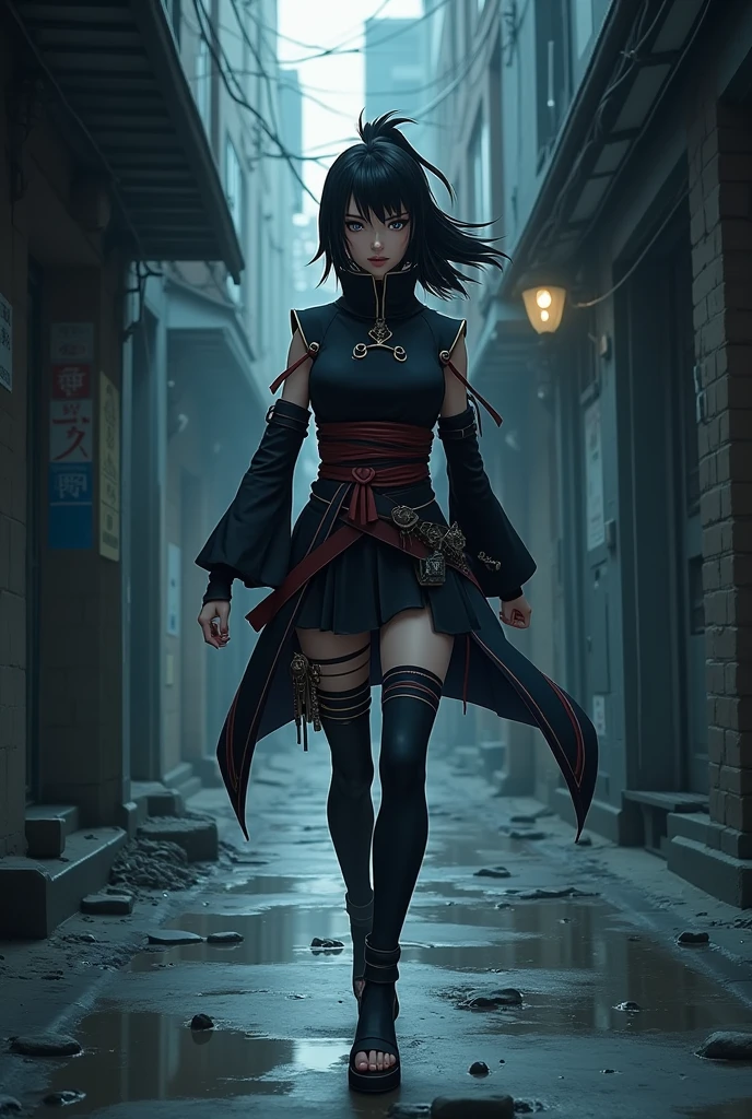 Have this girl from the Naruto universe wear this outfit and walk down an alley at night in the same manga style as Naruto 