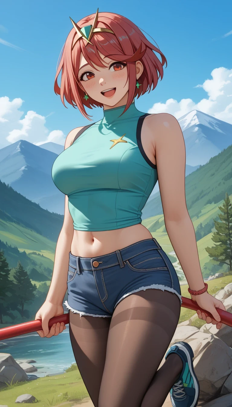 score_9, score_8_up, score_7_up, sauce_Anime Top Quality、8k、 masterpiece、super high accuracy、 natural light、perfect anatomy、 one woman、medium breasts、saggy breasts:1.5、pyra、(is embarrassing:1.2、happy)、tight sleeveless shirt for hiking、denim shorts、pantyhose、(mountainous region、 Hiking Trails )、raises one leg