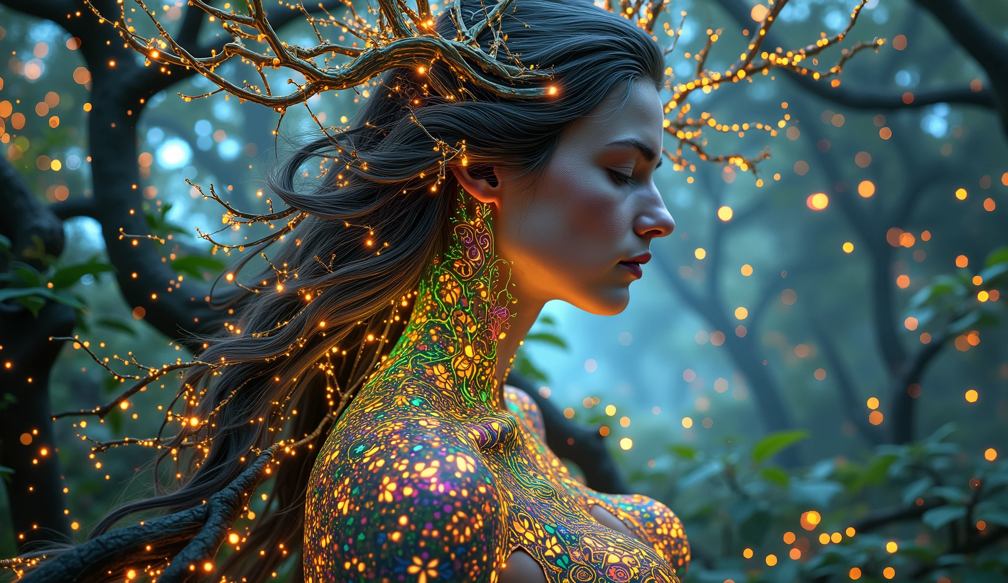 Surreal fantasy, digital paint, A beautiful woman with long flowing hair, adorned with intricate bioluminescent tattoos that pulse with soft light the tatoos leaving her body and mix with the plants, misty forest clearing, surrounded by towering trees with glowing leaves. The scene is bathed in a soft, ethereal light, reminiscent of a dream. In the style of Alphonse Mucha and Art Nouveau, with a touch of fantasy art, creating a mesmerizing and enchanting atmosphere. Soft pastel colors and intricate details enhance the overall beauty and mystique.