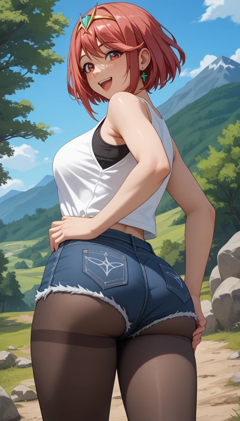 score_9, score_8_up, score_7_up, sauce_Anime Top Quality、8k、 masterpiece、super high accuracy、 natural light、perfect anatomy、perfect eyes、pretty eyes、 one woman、medium breasts、saggy breasts:1.5、pyra、(is embarrassing:1.2、happy)、tight sleeveless shirt for hiking、denim shorts、pantyhose、(mountainous region、 Hiking Trails )、back view、looking back at the drugstore、shot from below