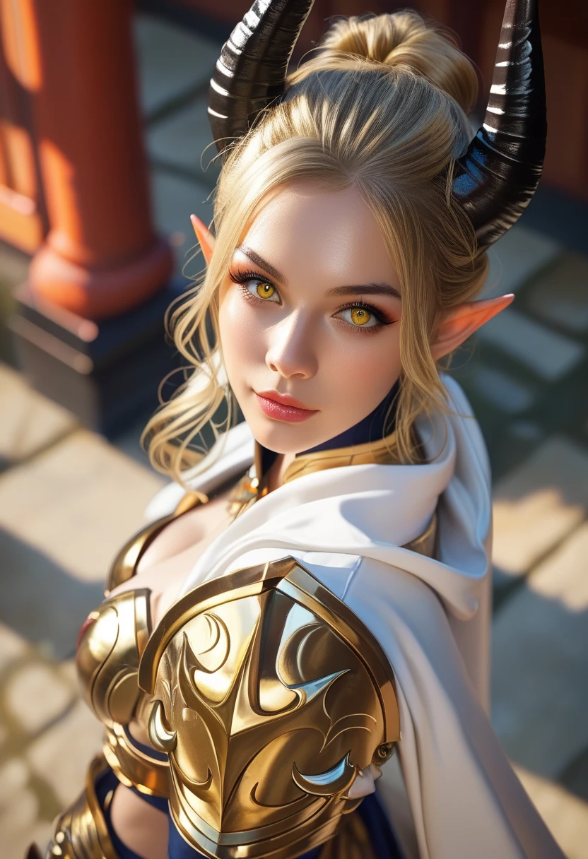 Beautiful demon, photoreaistic, black skin, black horns on head, gold markings on face, long gold hair, gold eyes, pointy ears, fit. Wearing gold armor and white cape. Gold armor skirt. Japanese castle background. Good armor boots. High angle view.