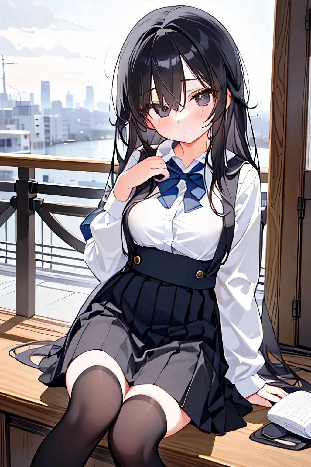 City,one beautiful girl,(( hairstyle that hides one eye)),stupid hair,Mysterious Atmosphere, natural body,Clear Skin,(Sexy body type,marshmallow breasts ,slender), Kunoichi,beautiful black hair,beautiful light black eyes,detailed clothes,well-groomed face,Fair skin,high school student,Japanese face,(uniform,skirt,knee socks,loafers), quiet personality ,