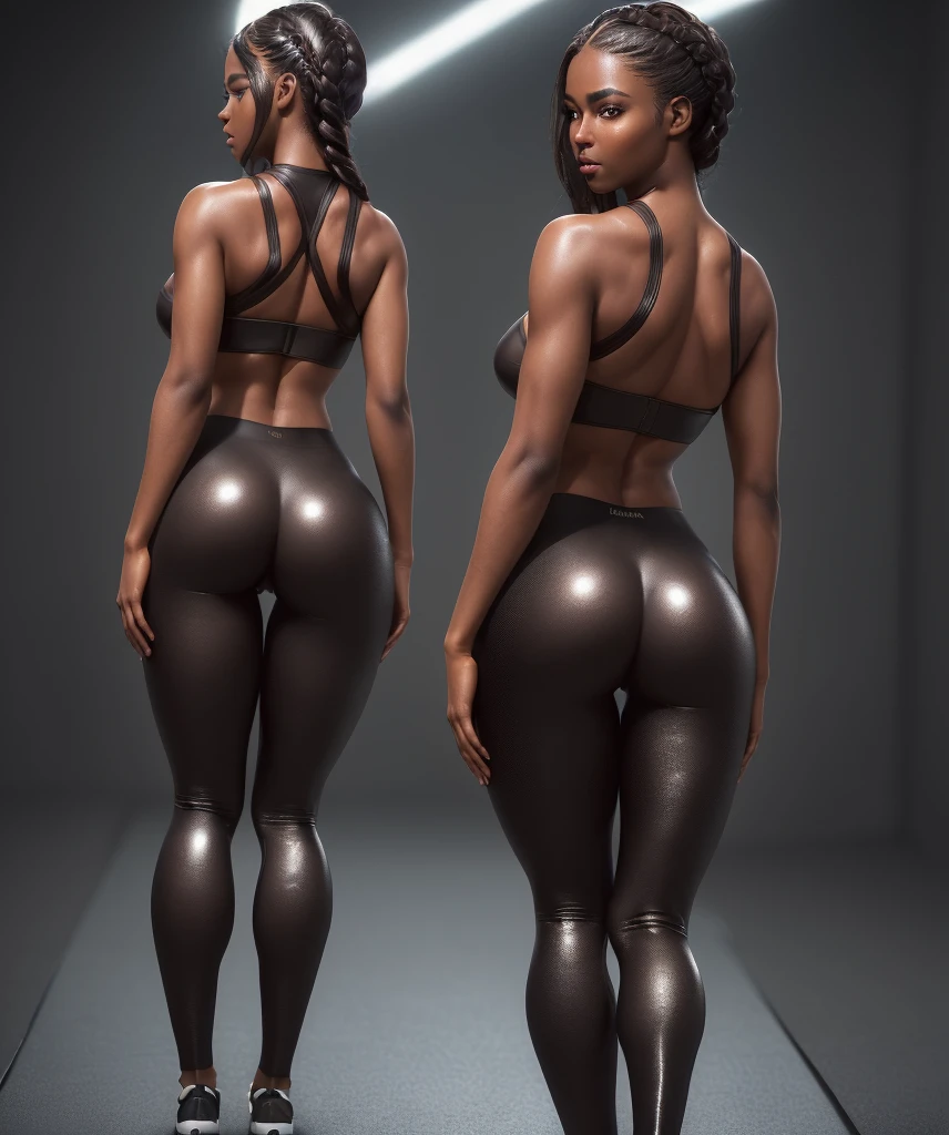 ((masterpiece)), ((best quality)), (ultra-detailed), ((extremely detailed)), 4K, (8K), best quality, (beautiful), perfect anatomy, back view, focus on the ass, Portrait photo of a African-American Supermodel, sports tank top, high-waisted leggings, emphasizi, Beautiful face, Beautiful eyes, dynamic posing, feminine physique, smiling, goddess, unreal engine, octane Render, cinematic lighting,