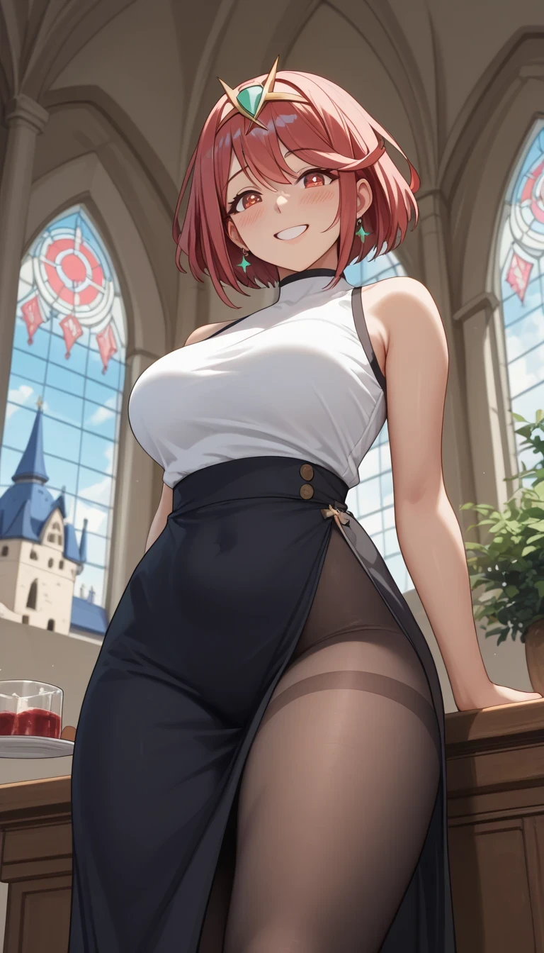 (masterpiece), (best quality),absurdes detailed,1girl (oni), red ponytail, large breasts, looking down, satisfied,bluse,pantyhose,skirt,heels, shine body, wide hips, black lips,red fingernails, landscape,village,town, litle smile,