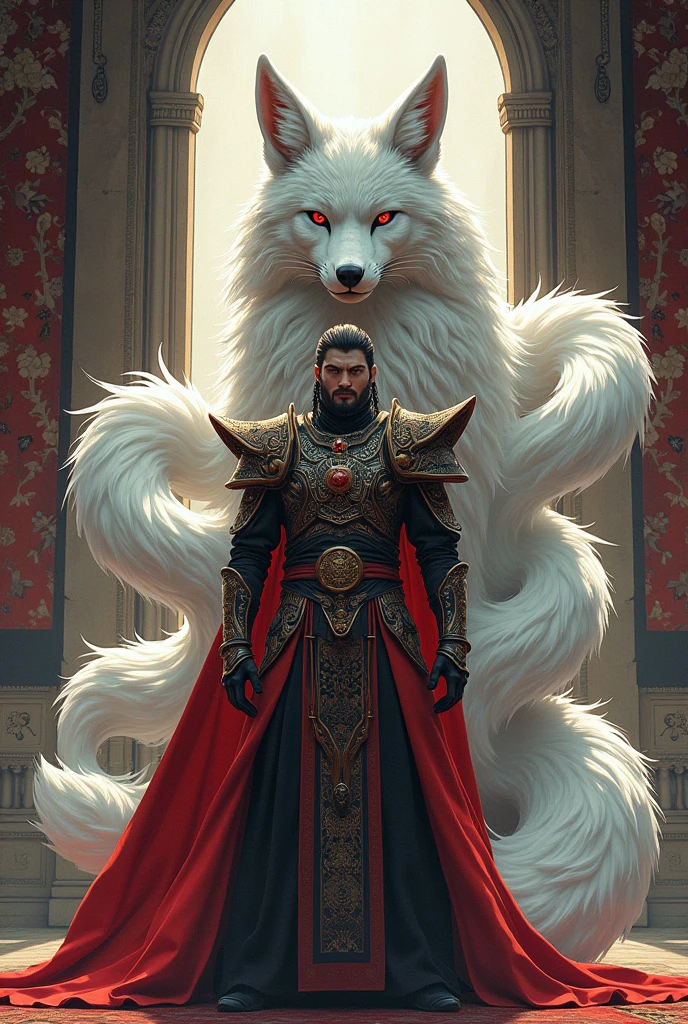 Generate for me an image of a man with a giant fox with nine tails by his side in a manga style in a castle