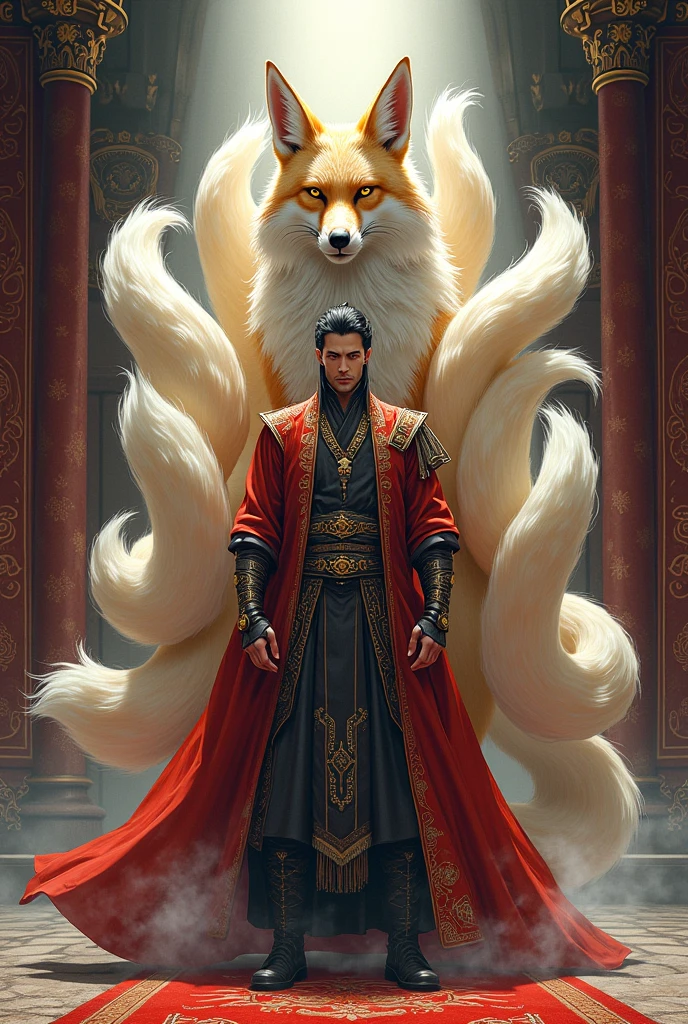Generate for me an image of a man with a giant fox with nine tails by his side in a manga style in a castle