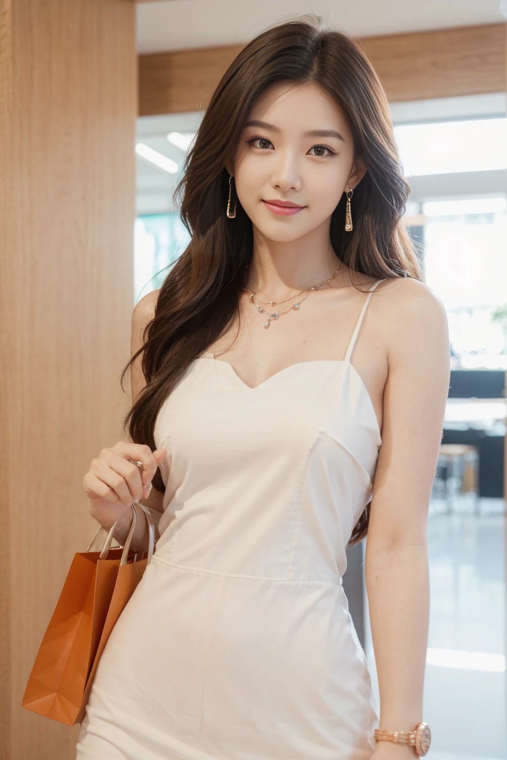 araffe woman sitting on a stool in a white dress, smooth white tight clothing suit, korean female fashion model, sexy dress, wearing white dress, white dress, gorgeous young korean woman, Minimal bodycon feminine costume, slim girl model photo, elegant white dress, wearing along white dress, wearing heels and white dress, wearing white clothes, very beautiful face, medium chest, looking at the camera, natural smile
