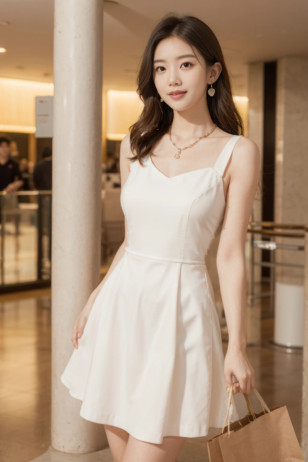 ((highest quality, 8K, masterpiece :1.3)), 1 girl, smile, full body, slim face, Beautiful woman, (dark brown hair), full length dress :1.1, super detailed face, fine eyes, double eyelid, blur background, slim face, city, outside, street,in a Luxurious room、Gently bite the thumb of your right hand(flooming laced mini dress), ((white color dress)), (tight skirt) (ultra mini skirt),