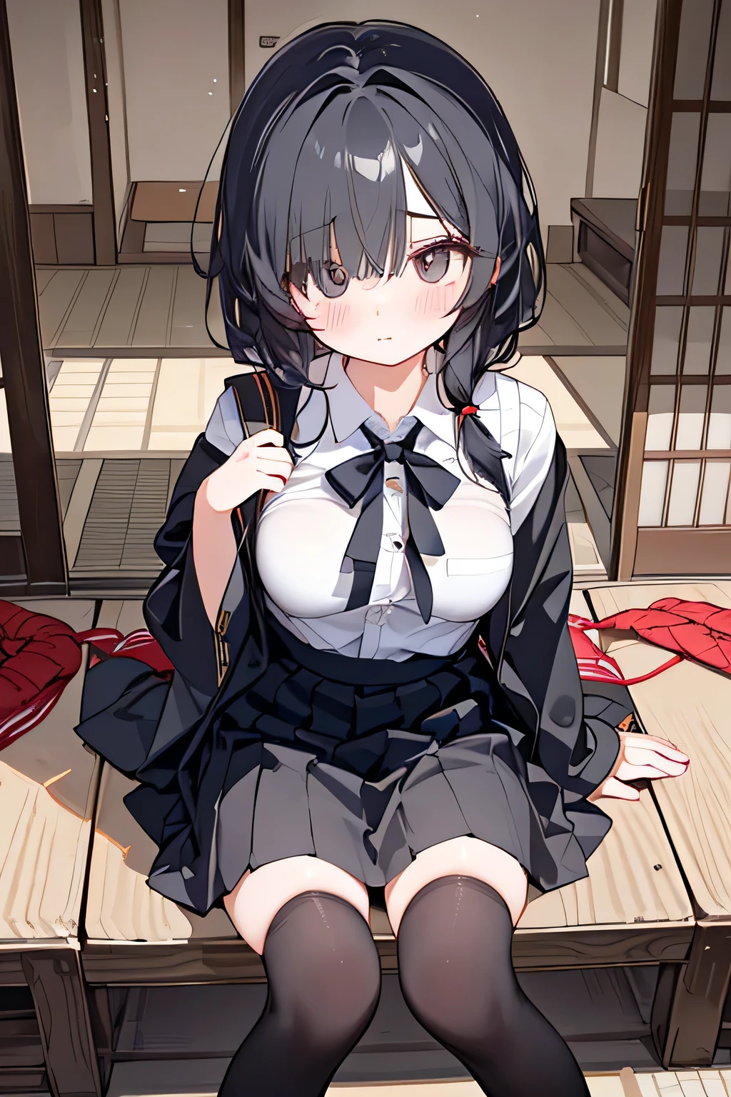 City,one beautiful girl,(( hairstyle that hides one eye)),stupid hair,Mysterious Atmosphere, natural body,Clear Skin,(Sexy body type,marshmallow breasts ,slender), Kunoichi,beautiful black hair,beautiful light black eyes,detailed clothes,well-groomed face,Fair skin,high school student,Japanese face,(uniform,skirt,knee socks,loafers), quiet personality ,