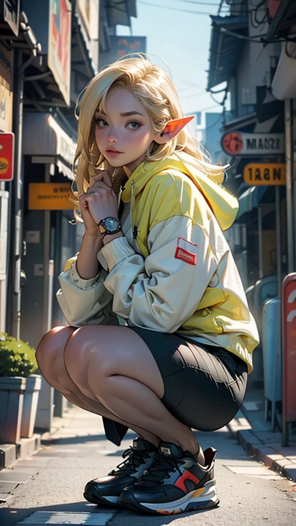 (Top Quality, 8k, 32K, masterpiece,  Ultra High Resolution ):1.2, blurry background, Stunning pictures with beautiful color saturation,  Ultra High Resolution ,(realistic:1.4)),deep shadow,(Top Quality), ultra realistic,32K,Highly Detailed CG Unity 8k Wallpaper, Top Quality, Trendy clothes，((sneakers))，(squatting)，My hands are naturally droopy ，hooded jacket，street tree，((elf)),(blonde),1 girl