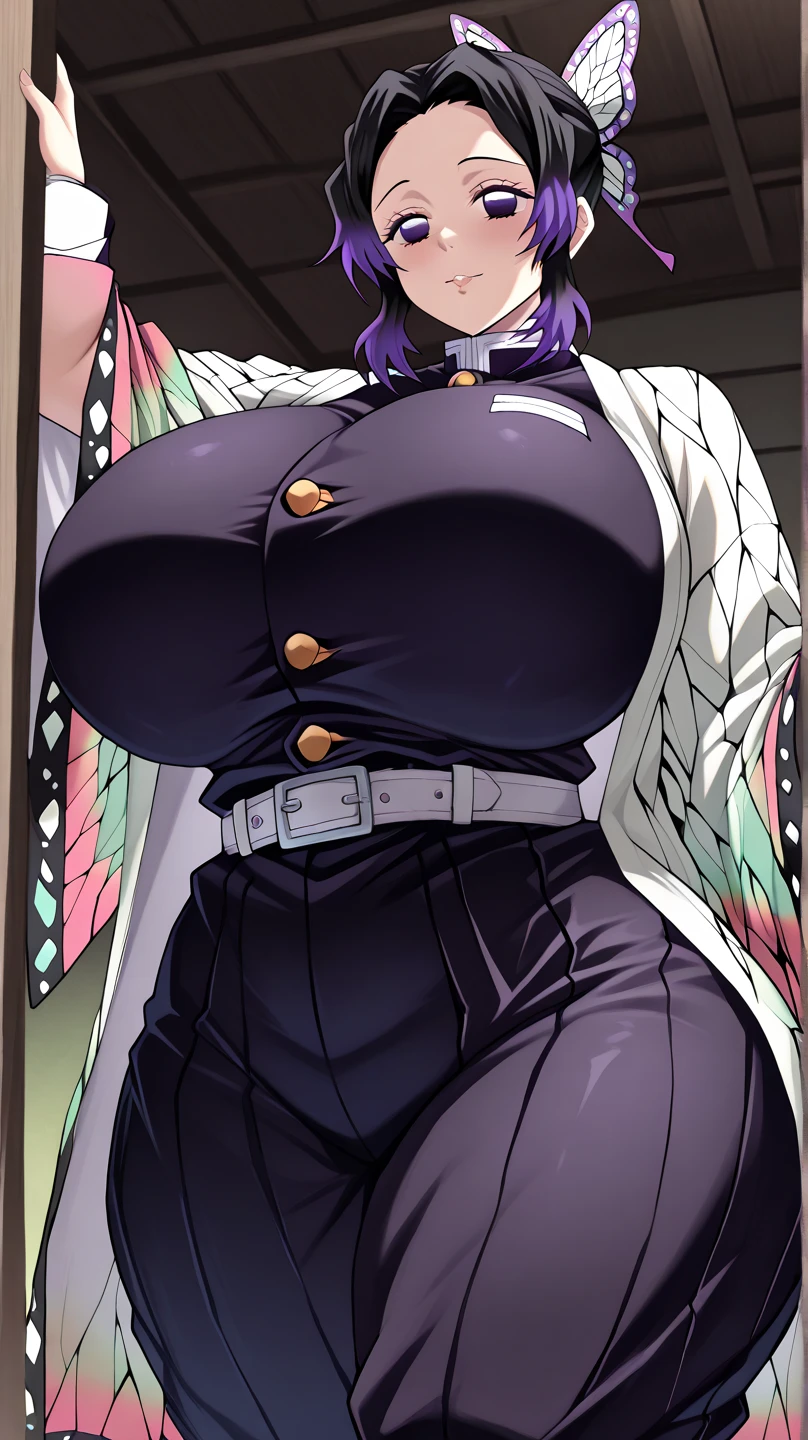 Kochou shinobu, 4k, absurd, high resolution, very high resolution, high definition, masterpiece, Short hair, purple hair, Separate bangs, Hair Adorno, Butterfly hair ornament, Purple eyes, very tight Black Jacket, sleeveless, micro black thong, high-leg, zettai ryouiki black thighhighs, cowboy shot, looking_at_viewer, lite smile, closed mouth, hairy natural public hair, natural armpit hair, huge_breast, erect nipples