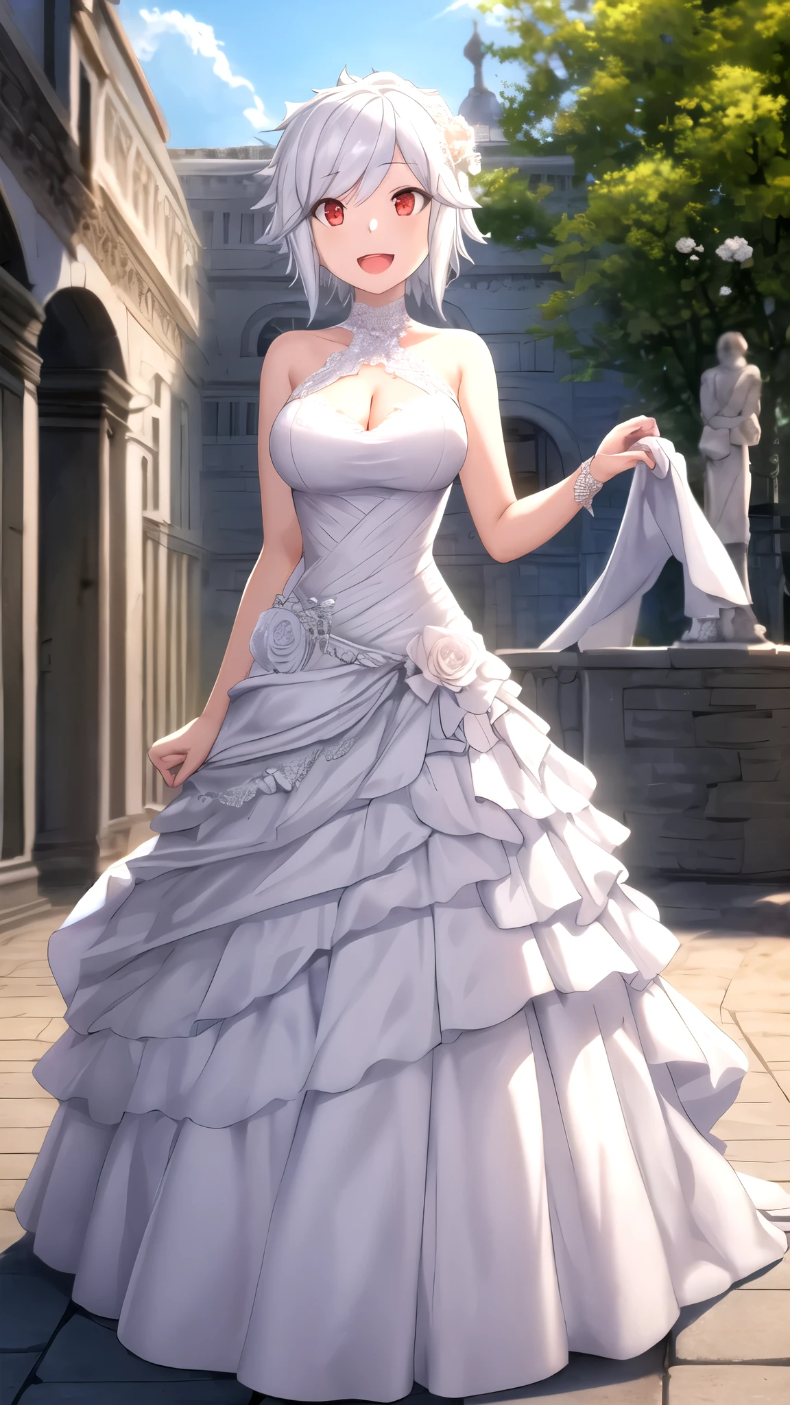((((ultra illustrated style:1.0)))),best quality,best animated,masterpiece,ray tracing, global illumination,Kiritani Haruka,1girl, solo, looking at viewer, standing, full body, wedding dress,outdoors, <lora:wedding:0.7> <lora:Kiritani Haruka_02:0.7>