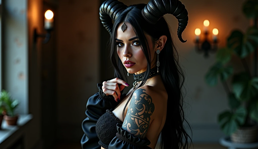 goth girl fucking a dragon dildo, exposed breasts, nipple piercings
