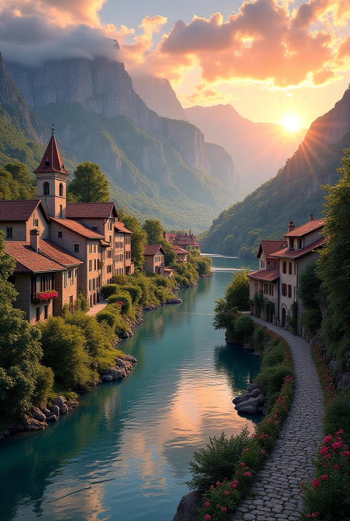 a small village by the river, mountains in the background, fleurs florales colorées, detailed landscape , Beaux paysages naturels, atmospheric lighting, coucher de soleil brûlant, warm colors, pratique, photorealistic, Detailed foliage , complex buildings, Cobblestone street, Charming country house, bright swirling colors, lush vegetation, Reflections of still water, Pittoresque, idyllique, work of art, best quality, 8k, extremely detailed, style anime.