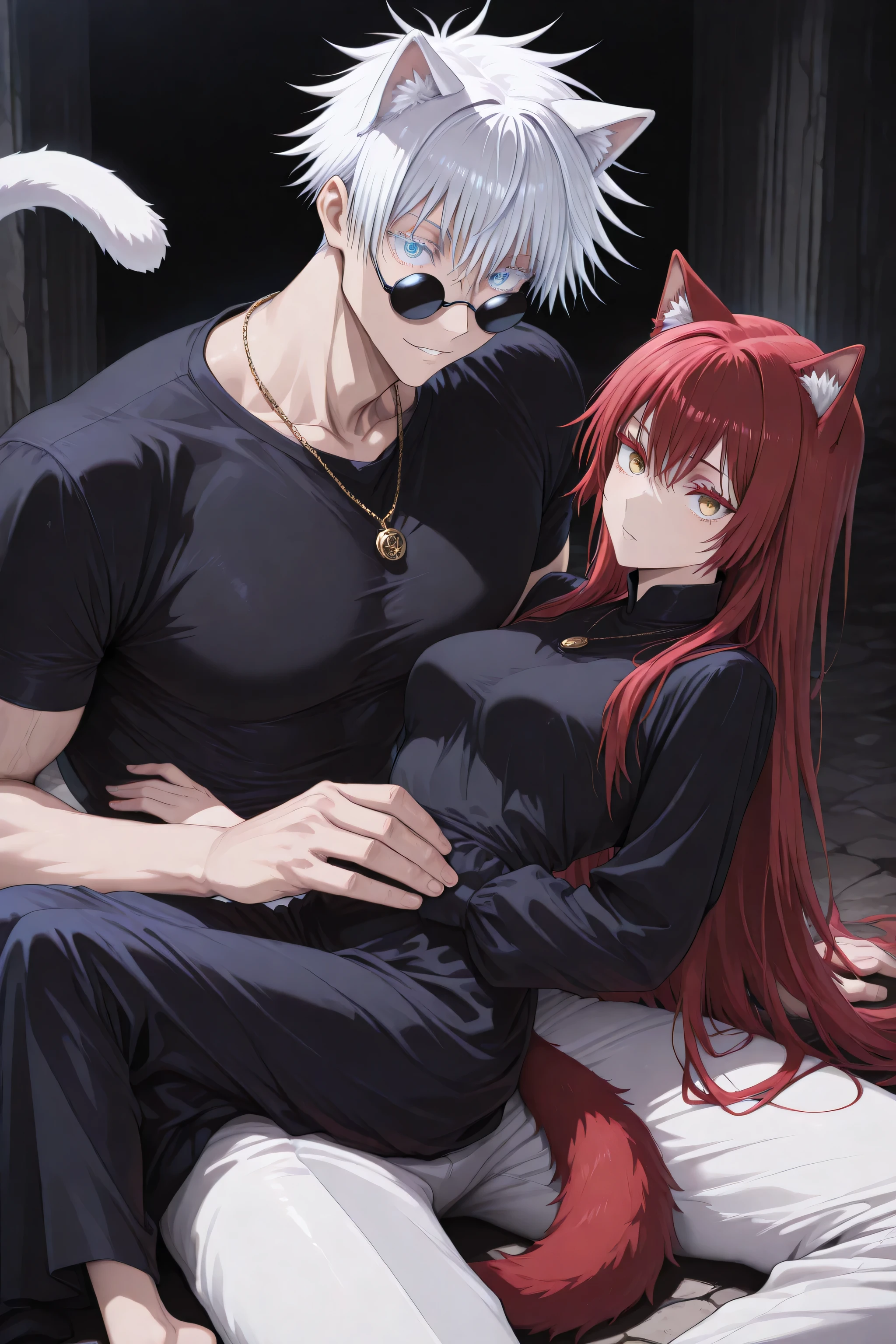 (masterpiece, best quality), safe, amazing quality, very aesthetic, absurdres, highres, newest, HDR, 8K, high detail RAW color art, large pupil, eyelashes, couple, hetero, duo focus, (size difference, high difference), BREAK female focus, 1 woman , Jujutsu Kaisen , golden eyes , very long hair , (red hair) , (medium breasts: 0 . 8) , petite , very cute , beautiful , cat ears, cat tail, white shirt, blue pants, clear highlights , Perfect Eyes, black dress, Sitting triumphantly on the mans back, man lying on the ground on his stomach, BREAK 1boy, male focus, gojou satoru /(jujutsu kaisen/), white hair, short hair, round sunglasses, blue eyes, colored eyelashes, sexy man, handsome, toned chest, cool large shirt, black shirt, necklaces, muscular, sexy man, handsome, solo, mature, handsome, sexy man, sensual, pale skin, lean, muscular, cool black shirt, white pants, dog ears, dog tail, floppy-ears, side view