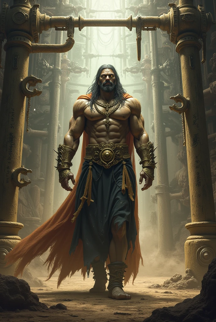 Muscular Samson with wrist chains on temple pillars with eye band, laine color p & b  esboço
