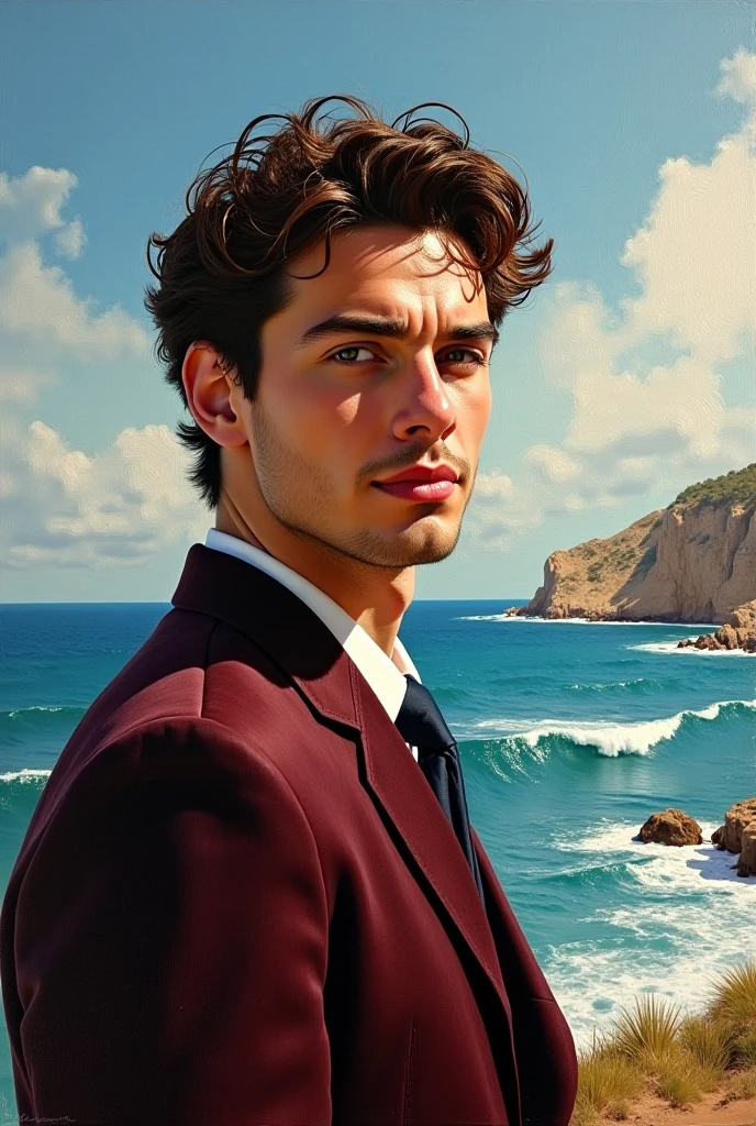 “Créez un portrait à l’huile d’un poète contemporain, à l’allure à la fois mélancolique et inspirée. Le sujet a un regard introspectif et profond, des traits expressifs, avec une chevelure légèrement ébouriffée qui évoque une vie d’émotions intenses. Il porte une tenue élégante et sobre, avec des accents de couleurs chaudes (or, bordeaux) symbolisant la passion et la mélancolie. En arrière-plan, un paysage onirique mêlant des éléments maritimes et cosmiques – vagues, ciel étoilé et nuances de bleu profond – suggère sa connexion avec la nature et l’infini. L’image doit être riche en textures, avec des détails fins et une lumière douce qui baigne l’ensemble d’une aura de nostalgie et d’inspiration poétique.”