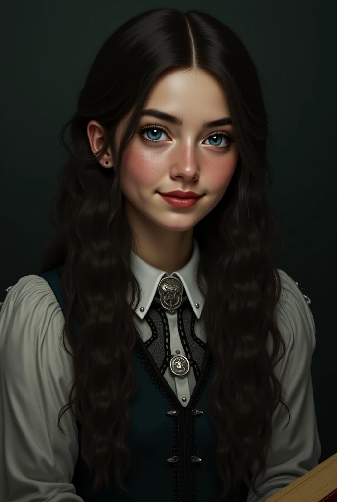 Casa: Sonserina 🐍 (But with a kind heart)

 Aparência:

Cabelos: Longos, wavy and black as ebony (similar to those of Black), with slightly gray highlights under The light.

Olhos: intense light blue,  almost translucent , like ice under the Moon 

Skin: pale, but with a slight natural blush on the faces.

traits: Delicate and aristocratic (Sharp cheese, fine eyebrows and serene expression).

Estilo: She wears Slytherin's uniform with discreet elegance, a silver snake brooch on the chest and,  Sometimes , black lace gloves (a vintage touch of the family).

personality:

Sweet and Empathic: Different from the usual coldness of Black, she is gentle and observant, protecting friends in secret.

Inspiration for Art:

Pose: Sitting in the Hogwarts Library with an old book, blue eyes illuminated by floating candles.

Detalhes: A silver seal around the neck (inherited from Regulus) and a shy smile.

Fundo: Green and silver stained glass windows from Slytherin's common room,  with soft mist .