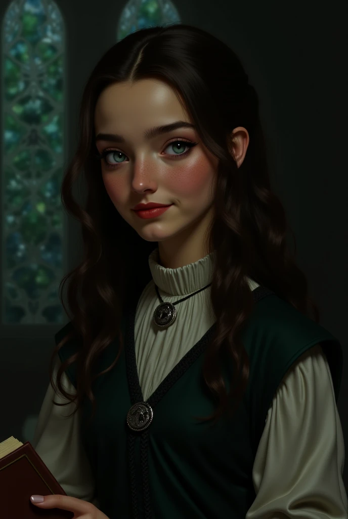 Casa: Sonserina 🐍 (But with a kind heart)

 Aparência:

Cabelos: Longos, wavy and black as ebony (similar to those of Black), with slightly gray highlights under The light.

Olhos: intense light blue,  almost translucent , like ice under the Moon 

Skin: pale, but with a slight natural blush on the faces.

traits: Delicate and aristocratic (Sharp cheese, fine eyebrows and serene expression).

Estilo: She wears Slytherin's uniform with discreet elegance, a silver snake brooch on the ????? and,  Sometimes , black lace gloves (a vintage touch of the family).

personality:

Sweet and Empathic: Different from the usual coldness of Black, she is gentle and observant, protecting friends in secret.

Inspiration for Art:

Pose: Sitting in the Hogwarts Library with an old book, blue eyes illuminated by floating candles.

Detalhes: A silver seal around the neck (inherited from Regulus) and a shy smile.

Fundo: Green and silver stained glass windows from Slytherin's common room,  with soft mist .