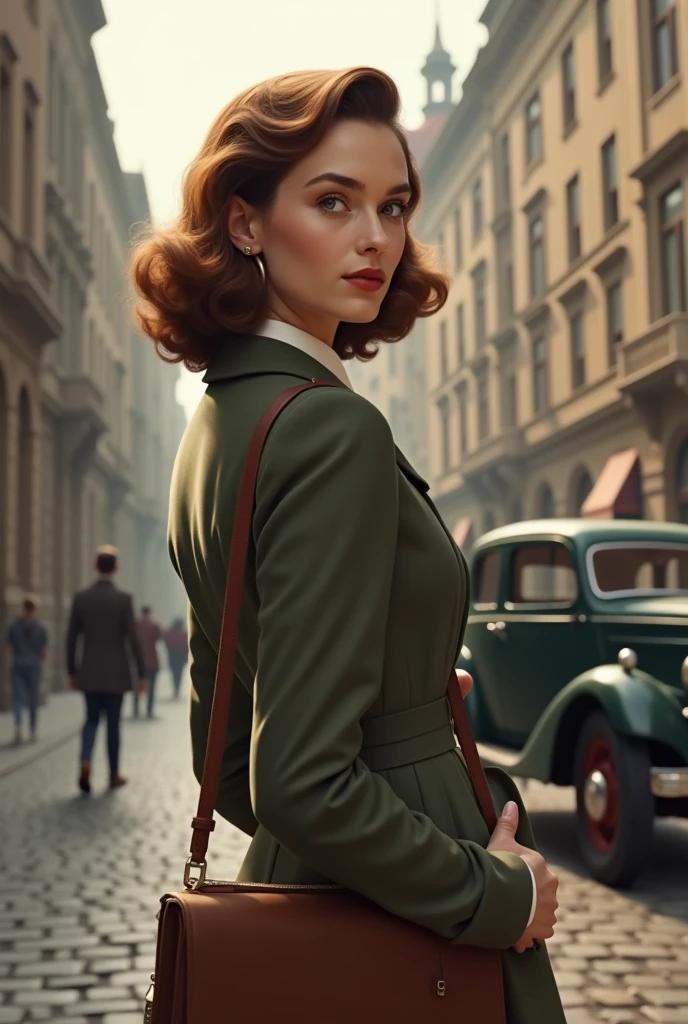 Shoulder-length brown-haired woman image, 20 anos, na cidade, ano de 1940.