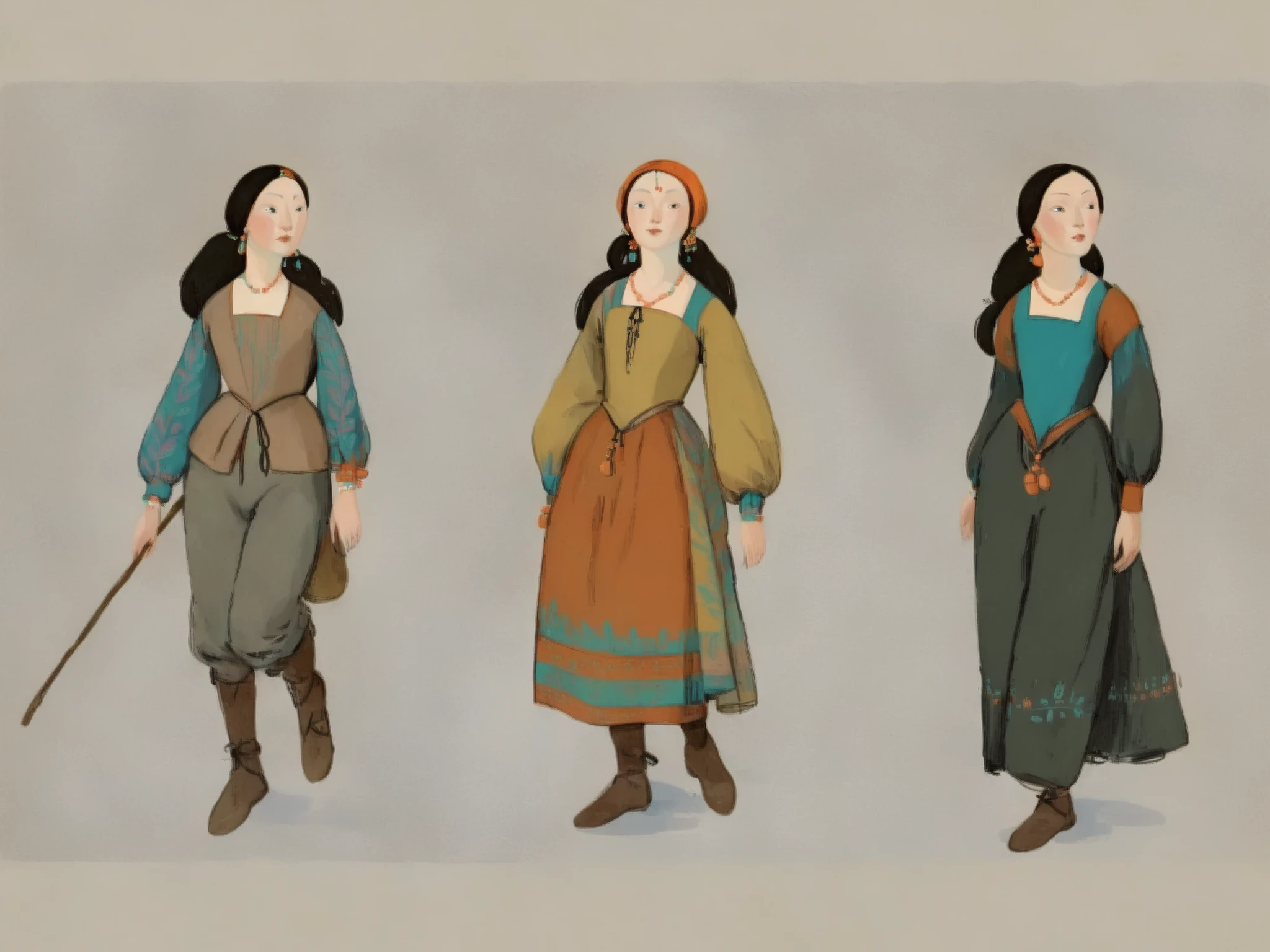 score_9, score_8_up, score_7_up, score_6_up, score_5_up, score_4_up, 1_woman, brow hair, long_hair, wearing a vibrant long peasant medieval dress, detailed clothing, sketches, detailed thick gouache painting, illustration, in gougoupaintleaves style:1.5,