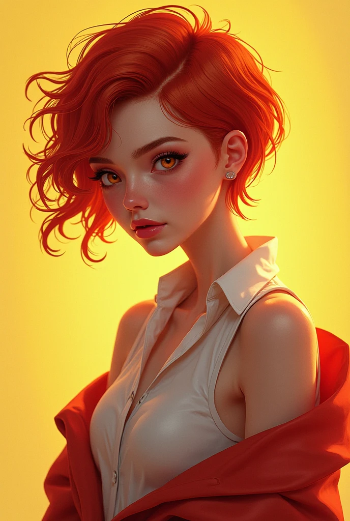 A red-haired girl with short hair and full body